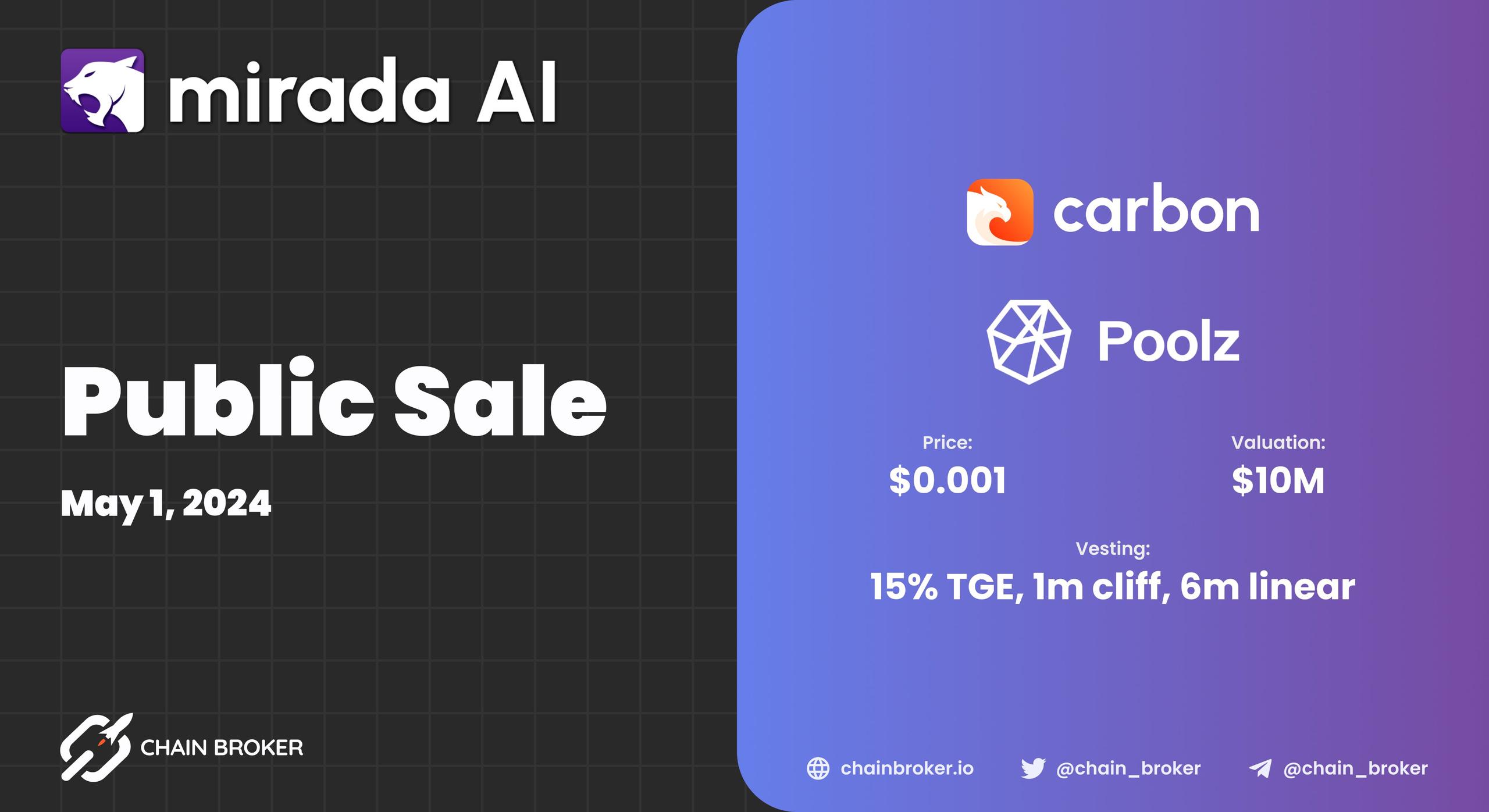 Mirada AI will conduct a Public Sale on Carbon Launchpad & Poolz Finance Mirada AI will conduct a Public Sale on Carbon Launchpad & Poolz Finance